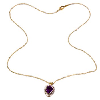 9ct Gold Amethyst / Diamond Cluster Pendant with Chain